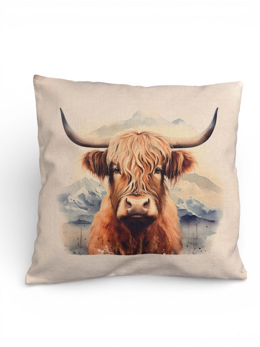 Highland Cow Cushion 40x40cm - Watercolour Linen Look Cushion with Filler