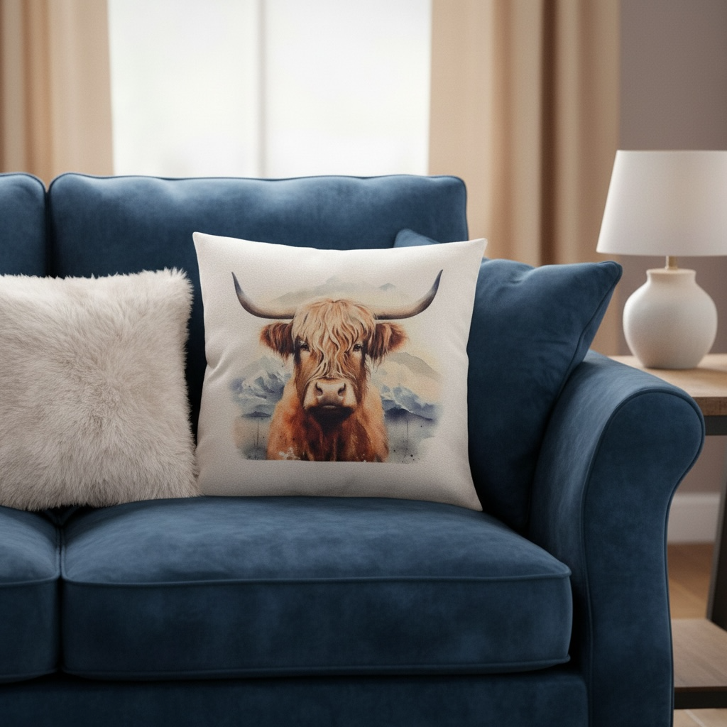 Highland Cow Cushion 40x40cm - Watercolour Linen Look Cushion with Filler