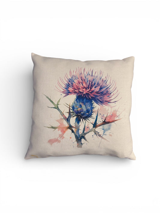Scottish Thistle Cushion 40x40cm - Watercolour Linen Look Cushion with Filler