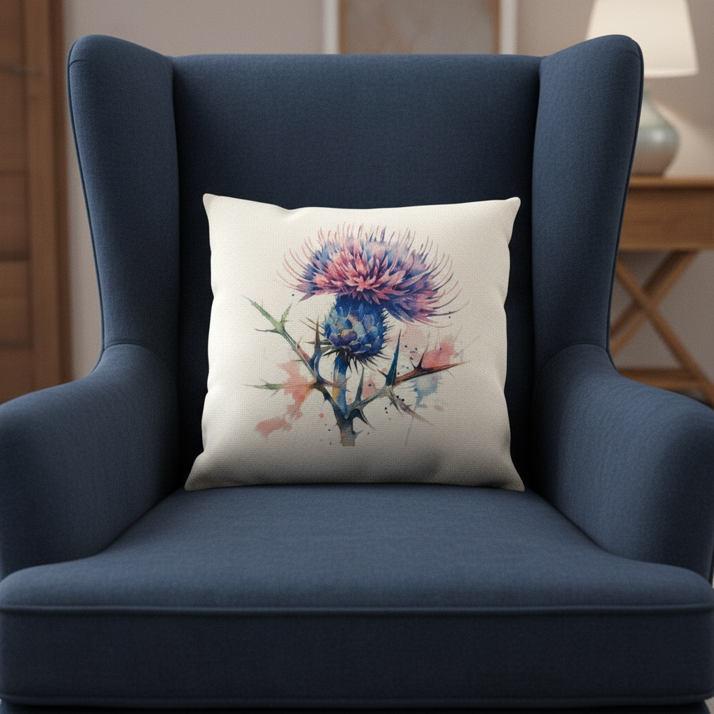 Scottish Thistle Cushion 40x40cm - Watercolour Linen Look Cushion with Filler