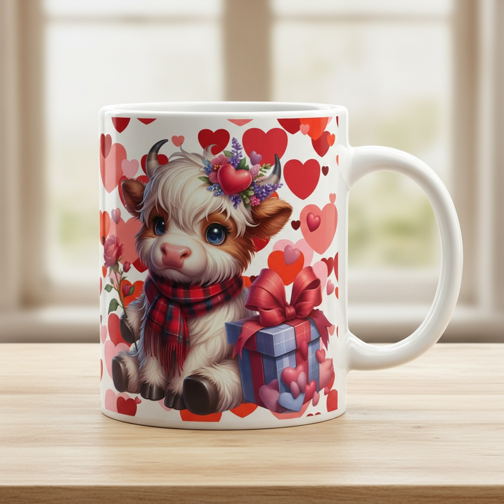 Highland Cow Valentine Mug 11oz | Baby Highland Cow & Hearts Gift