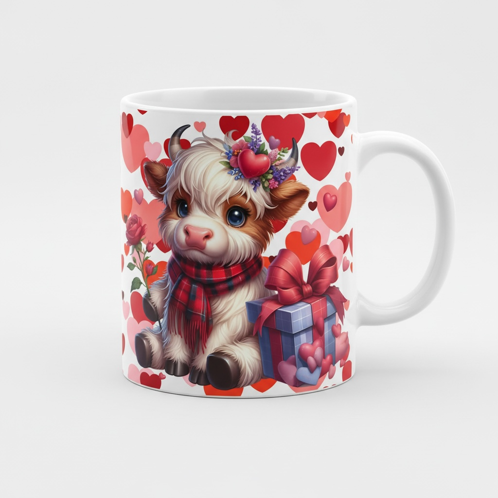 Highland Cow Valentine Mug 11oz | Baby Highland Cow & Hearts Gift