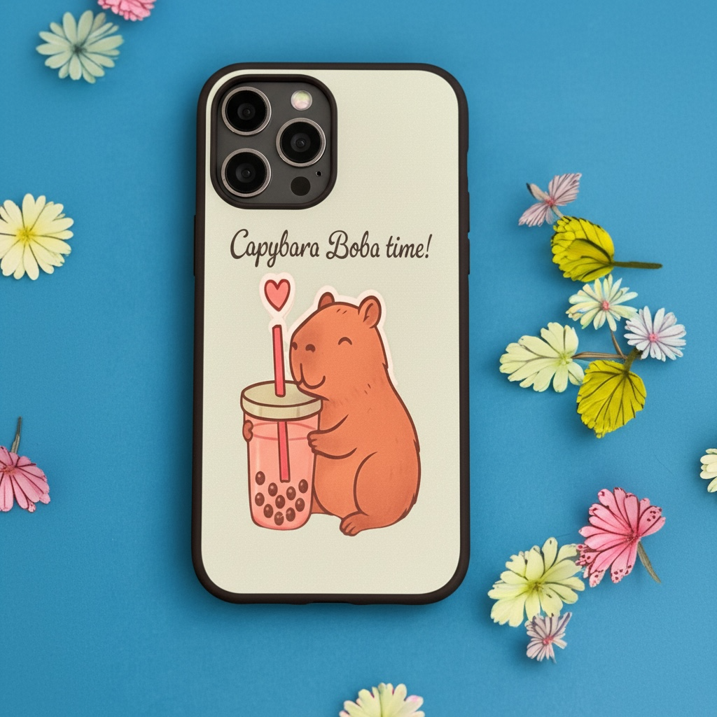 Capybara Phone Case - Cute Boba Tea Drinking Protective Cover