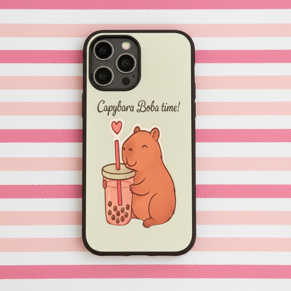Capybara Phone Case - Cute Boba Tea Drinking Protective Cover
