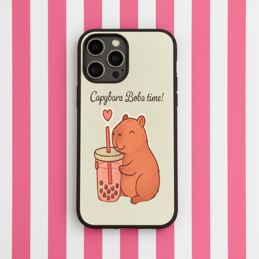 Capybara Phone Case - Cute Boba Tea Drinking Protective Cover