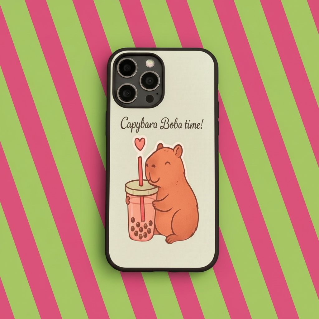 Capybara Phone Case - Cute Boba Tea Drinking Protective Cover