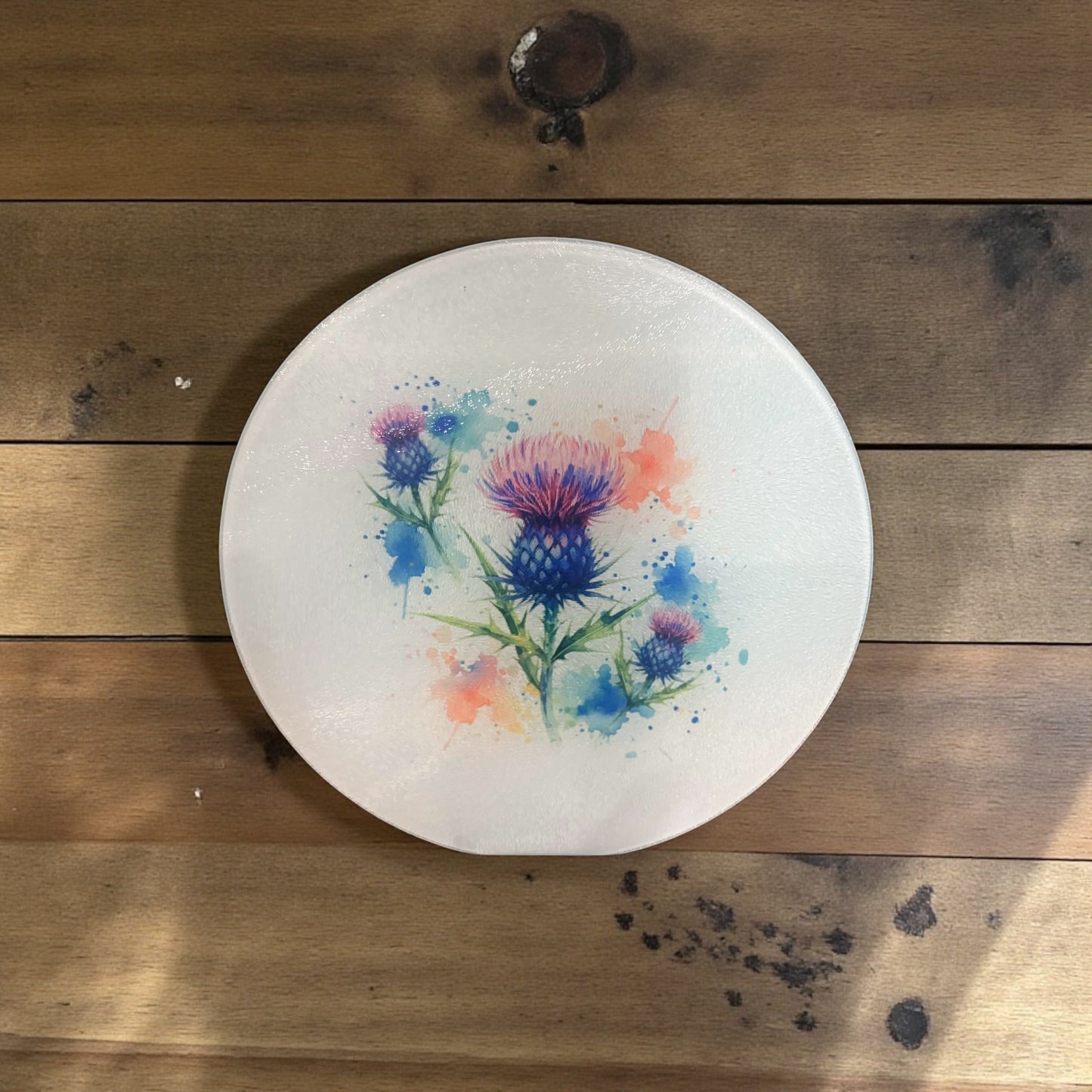 Flower of Scotland Thistle Glass Chopping Board - 30cm Round