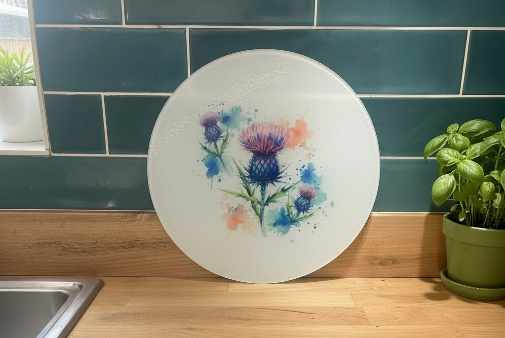Flower of Scotland Thistle Glass Chopping Board - 30cm Round