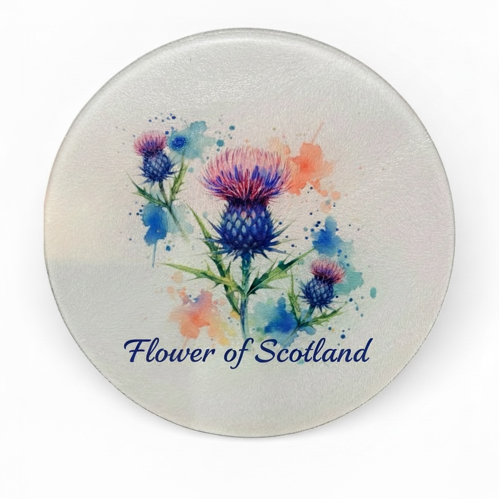 Flower of Scotland Thistle Glass Chopping Board - 30cm Round
