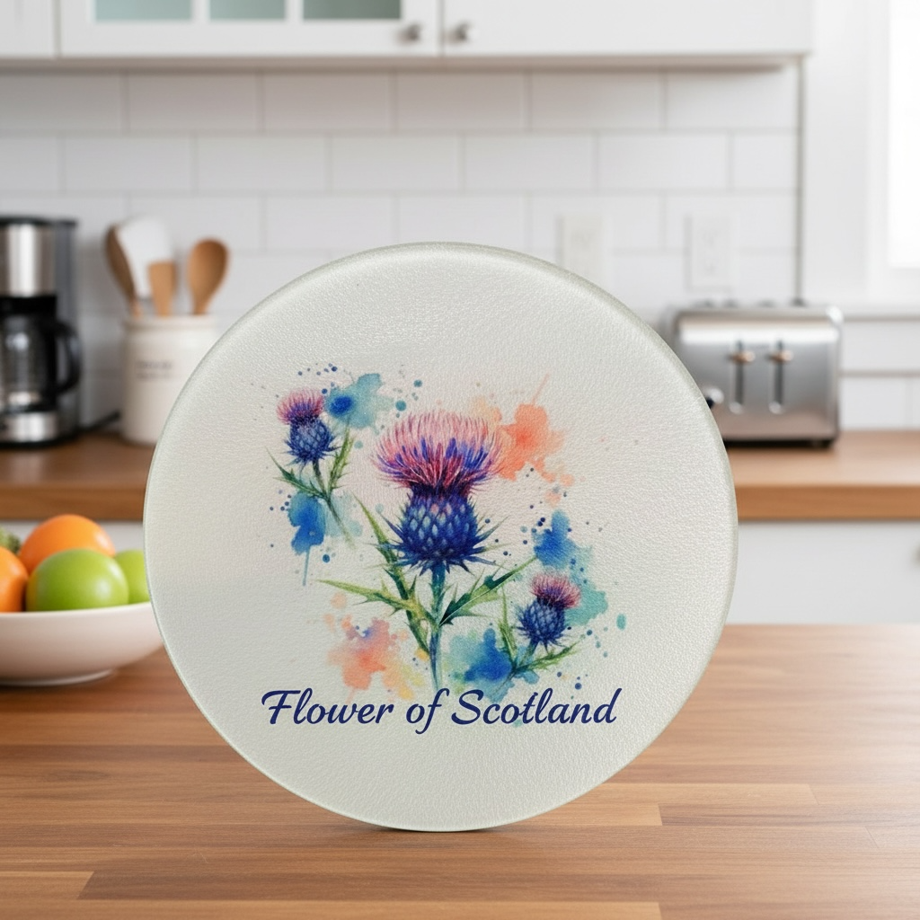 Flower of Scotland Thistle Glass Chopping Board - 30cm Round