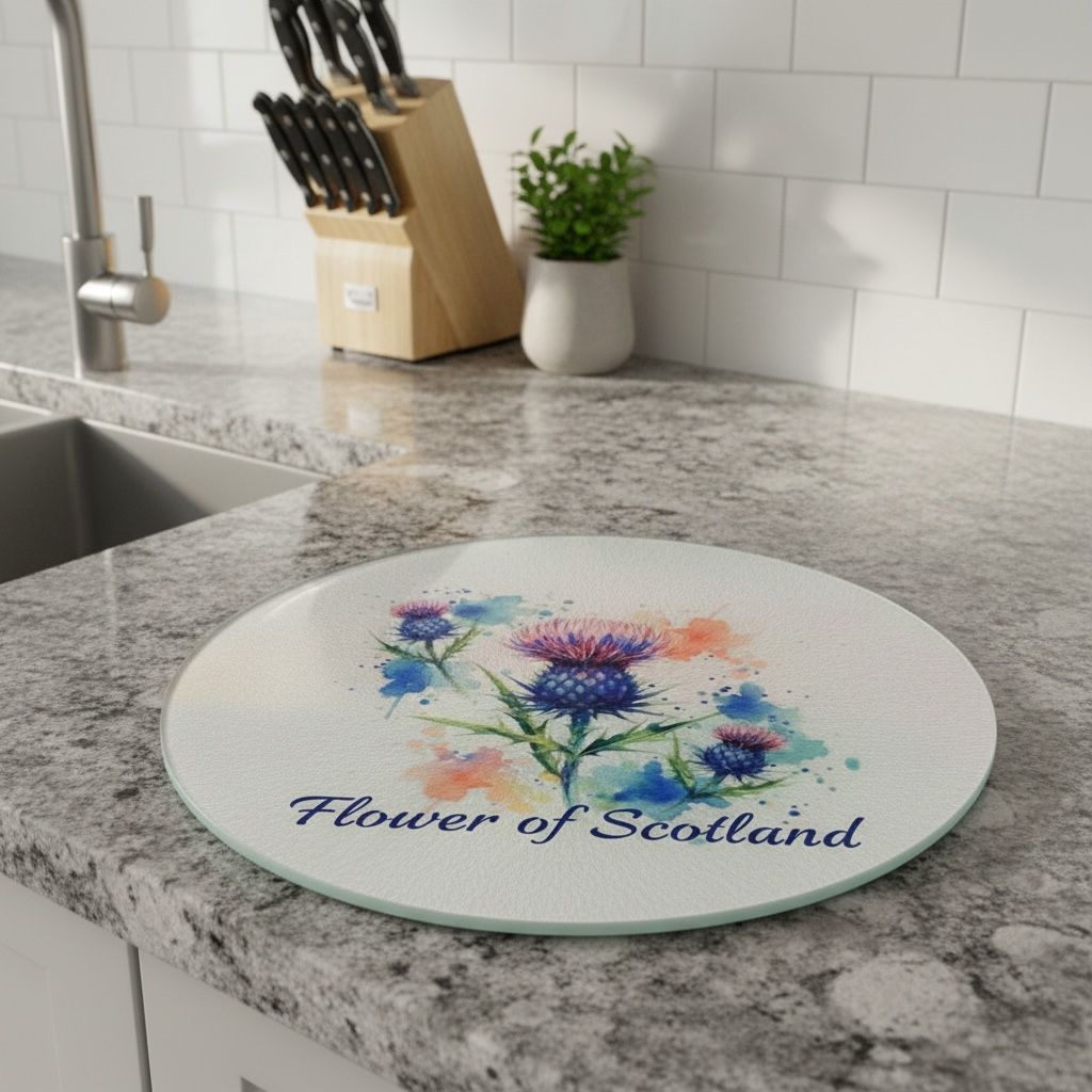 Flower of Scotland Thistle Glass Chopping Board - 30cm Round