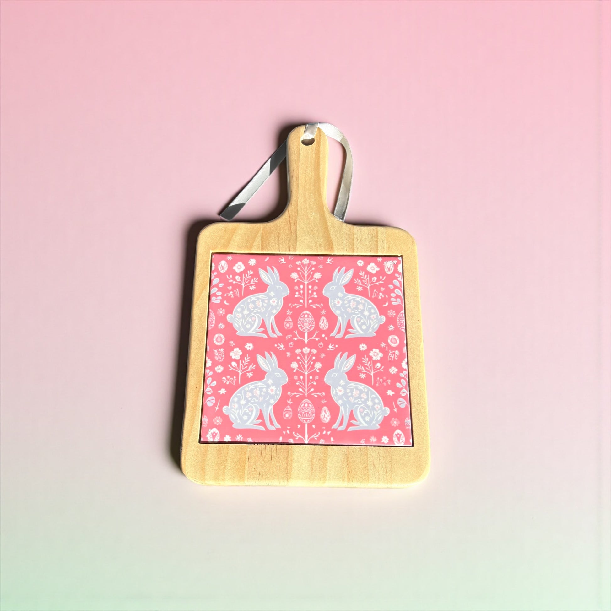 Scandinavian Folk Art Wooden Cheeseboard with Ceramic Tile -Pink
