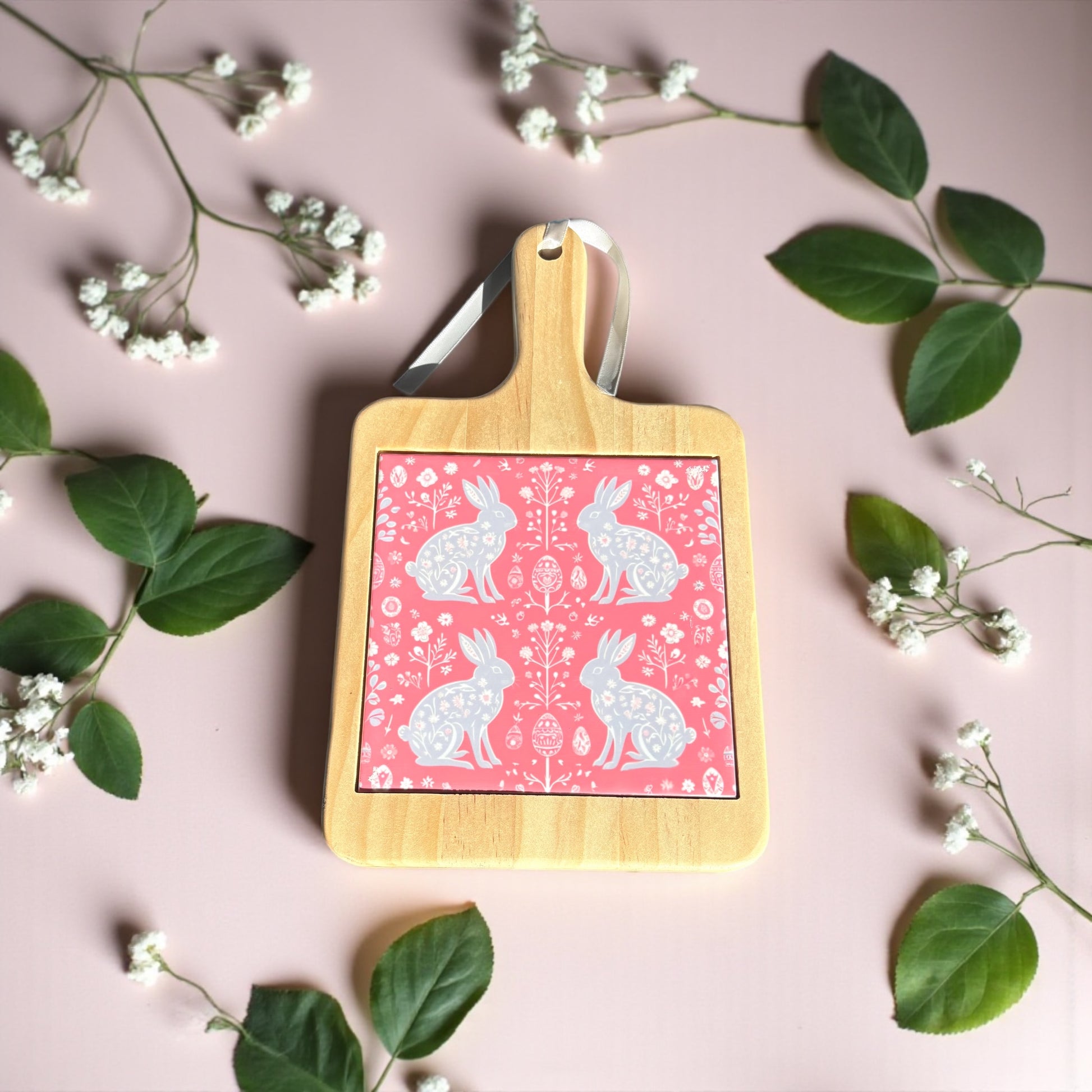 Scandinavian Folk Art Wooden Cheeseboard with Ceramic Tile -Pink