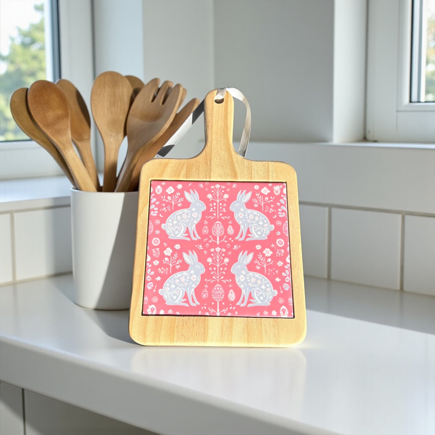 Scandinavian Folk Art Wooden Cheeseboard with Ceramic Tile -Pink