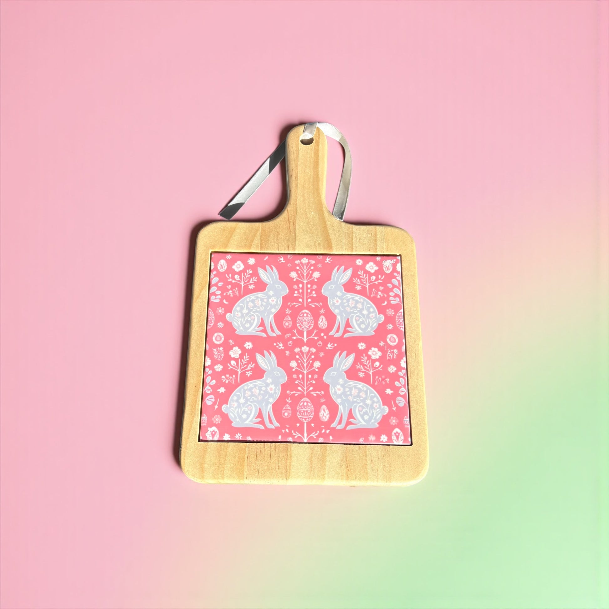 Scandinavian Folk Art Wooden Cheeseboard with Ceramic Tile -Pink