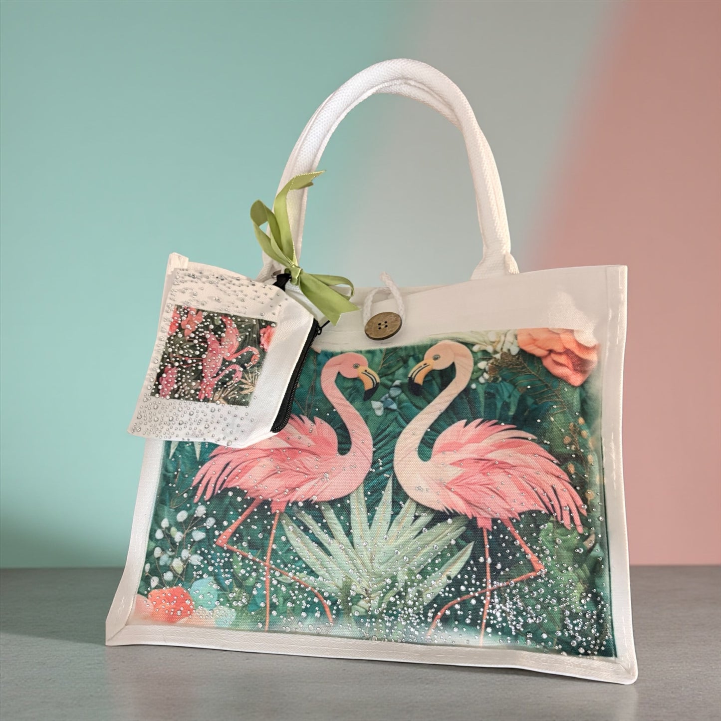 Handmade Flamingo Tote Bag & Rhinestone Coin Purse Set