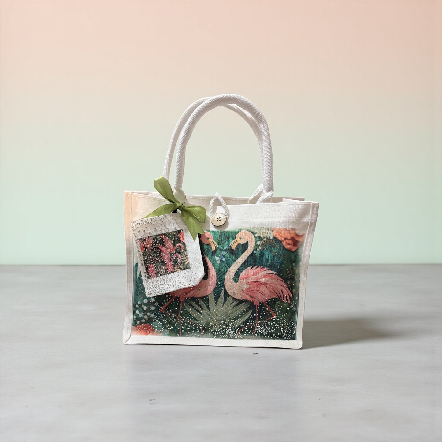 Handmade Flamingo Tote Bag & Rhinestone Coin Purse Set