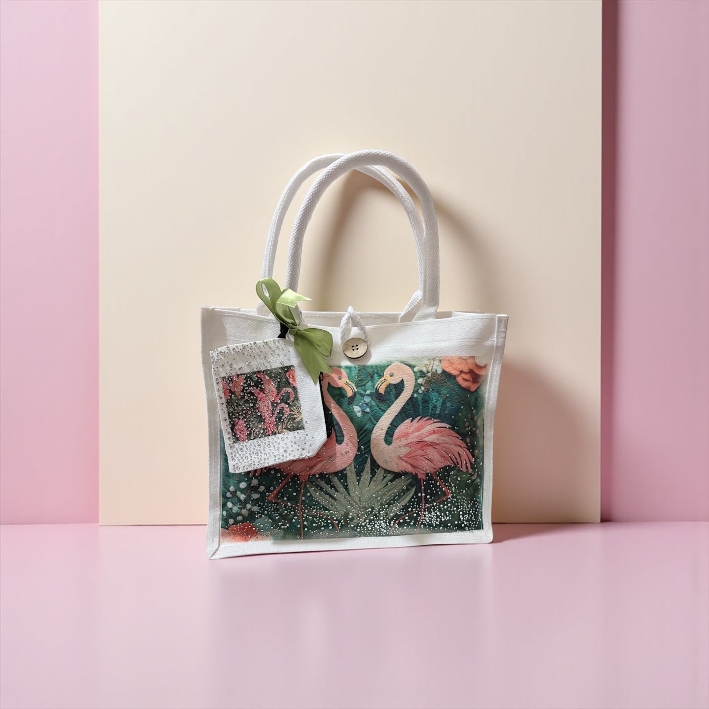 Handmade Flamingo Tote Bag & Rhinestone Coin Purse Set