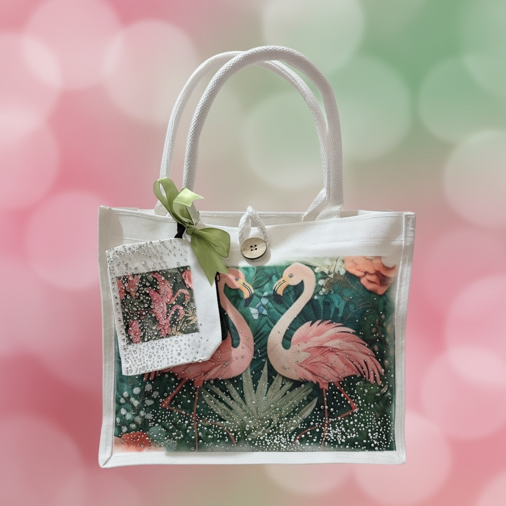 Handmade Flamingo Tote Bag & Rhinestone Coin Purse Set