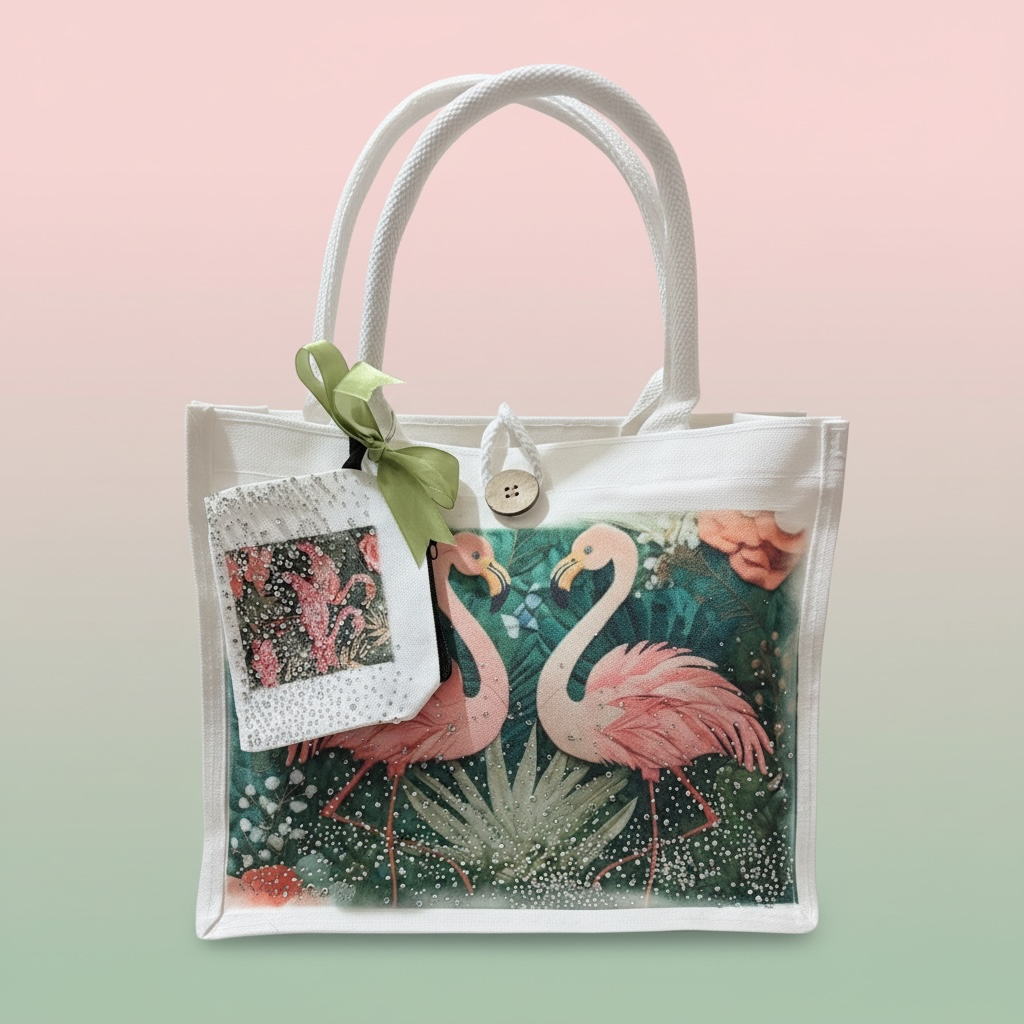 Handmade Flamingo Tote Bag & Rhinestone Coin Purse Set