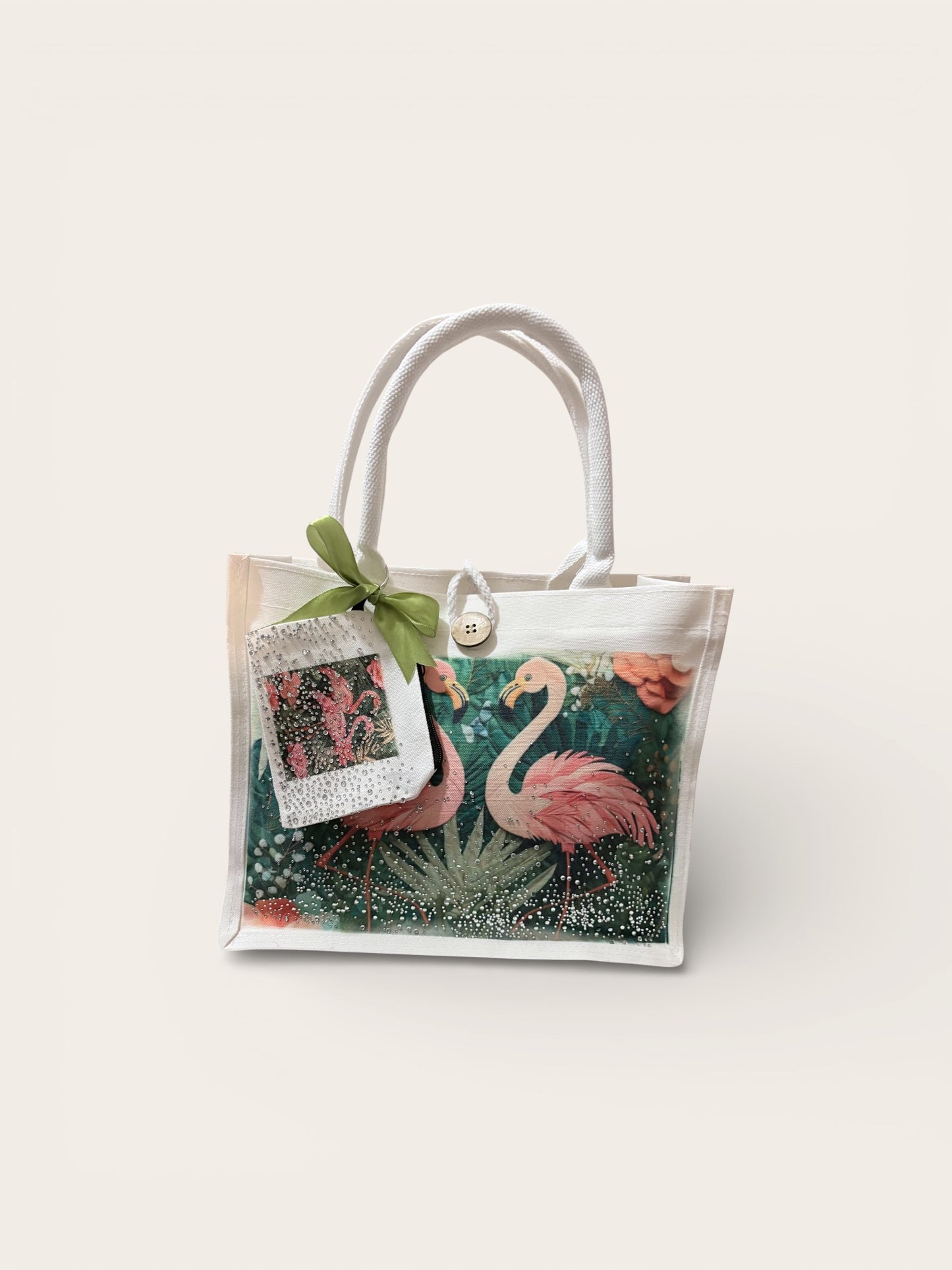 Handmade Flamingo Tote Bag & Rhinestone Coin Purse Set