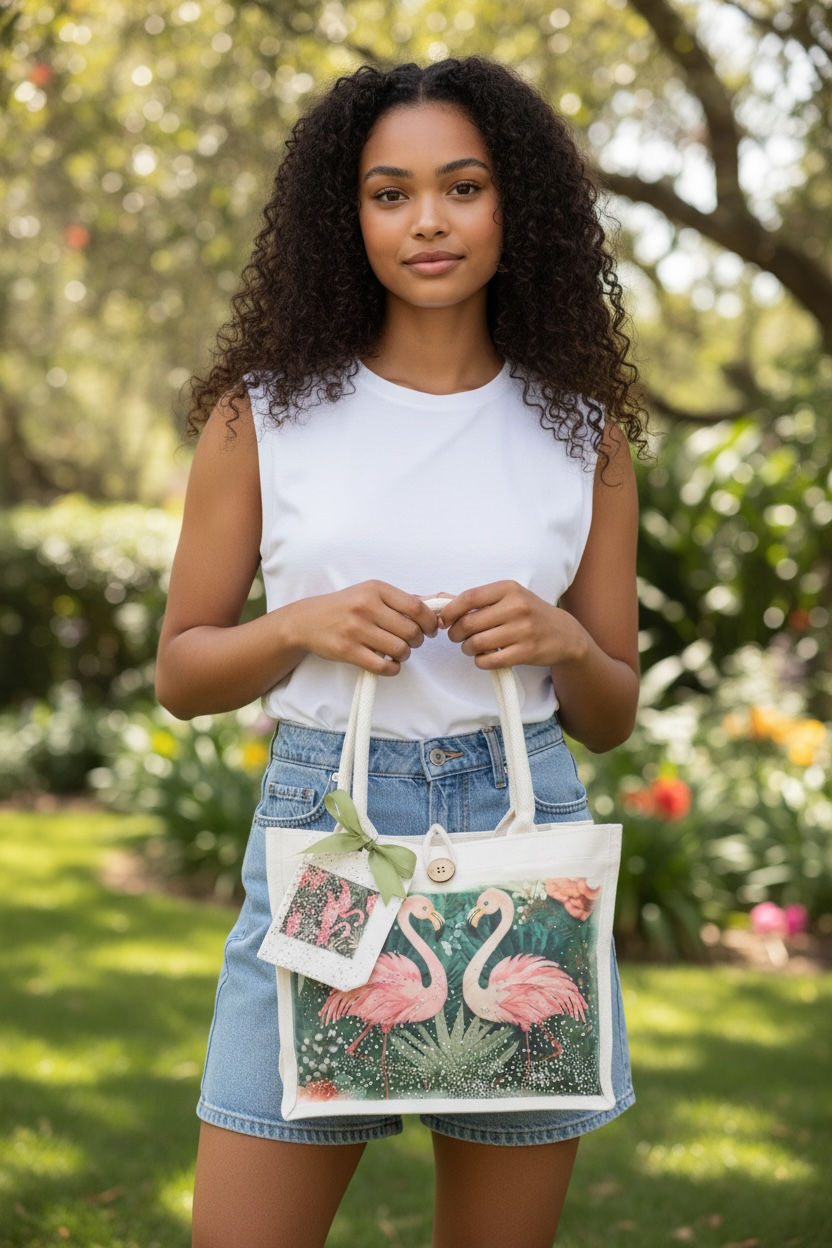 Handmade Flamingo Tote Bag & Rhinestone Coin Purse Set