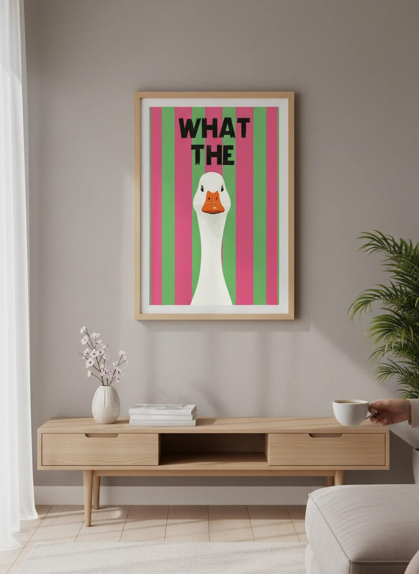 What The Duck Funny Print - Pink & Green Striped Wall Art