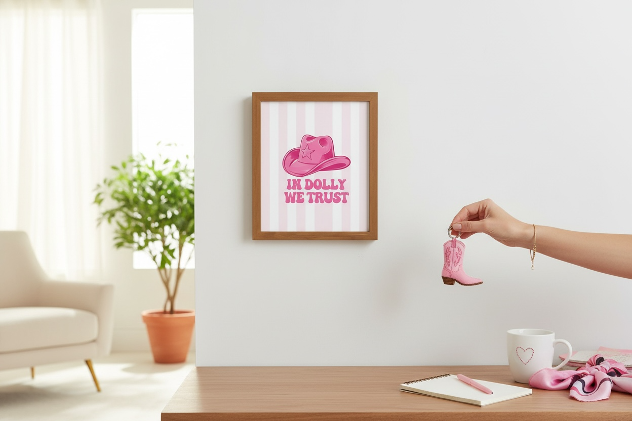 In Dolly We Trust Print - Pink Cowgirl Hat Wall Art