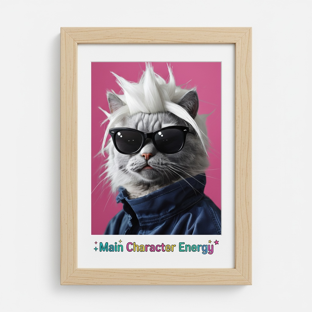Main Character Energy Cat Print - Funny Cat with Wig & Sunglasses Wall Art