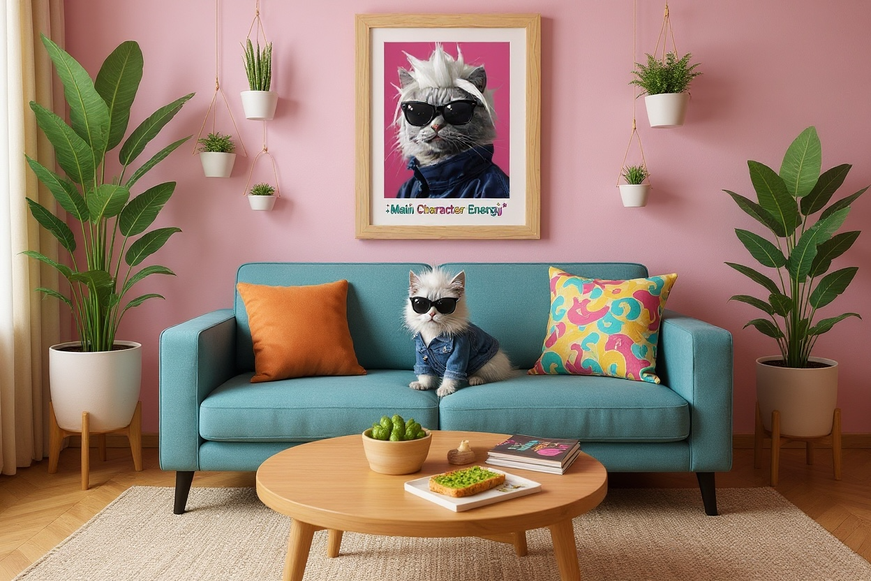 Main Character Energy Cat Print - Funny Cat with Wig & Sunglasses Wall Art