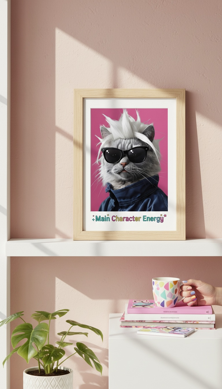 Main Character Energy Cat Print - Funny Cat with Wig & Sunglasses Wall Art