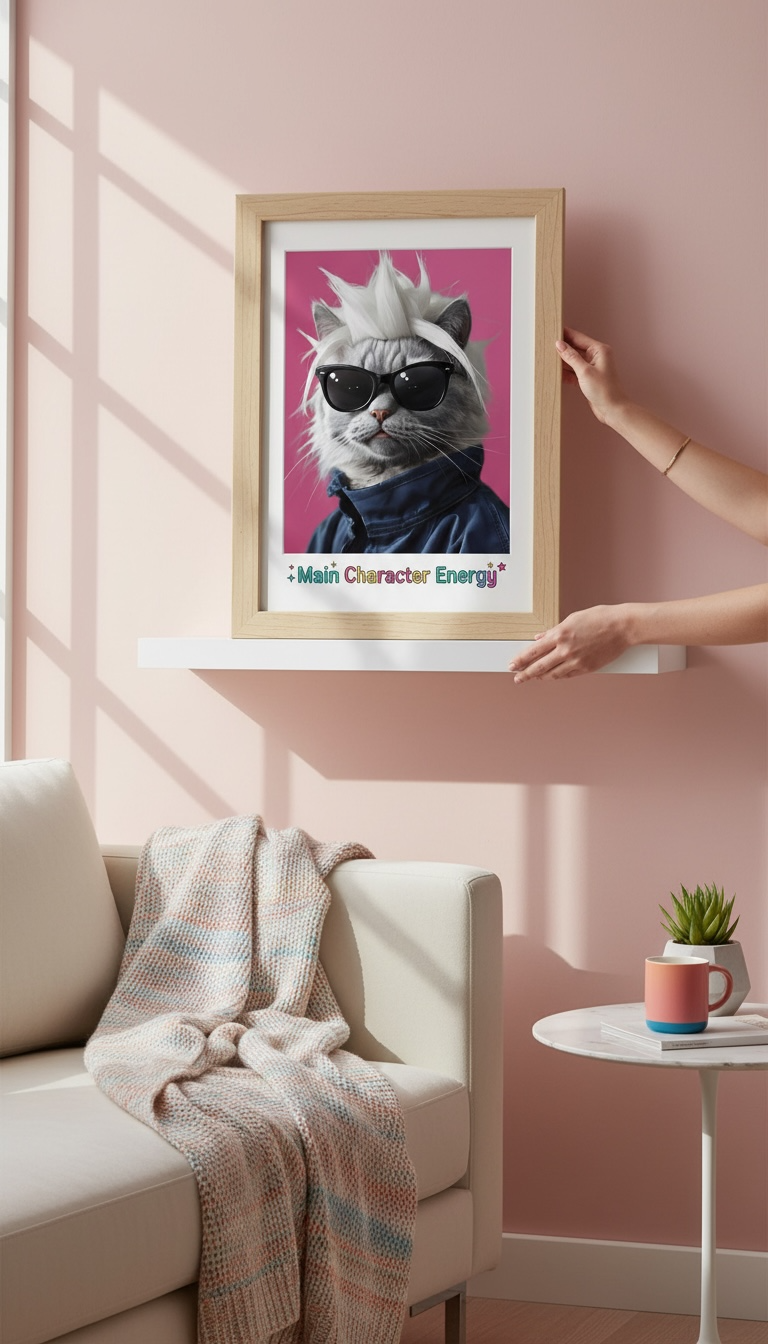 Main Character Energy Cat Print - Funny Cat with Wig & Sunglasses Wall Art