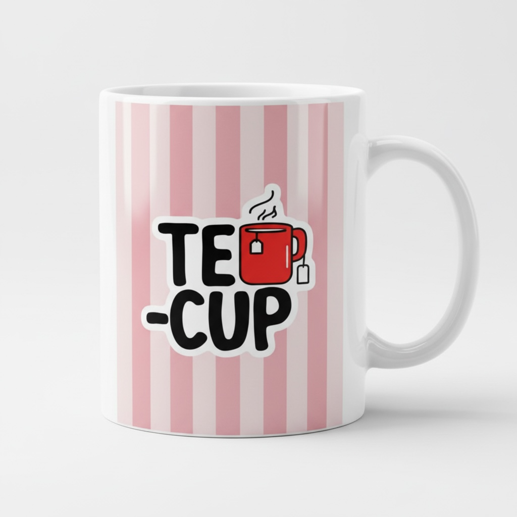 Pink Striped Mug with Teacup Design - 11oz White Ceramic