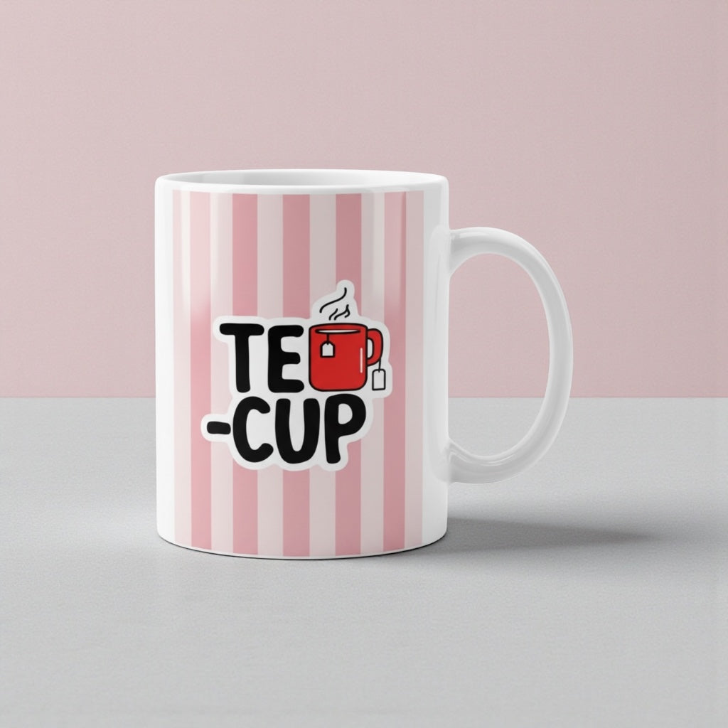 Pink Striped Mug with Teacup Design - 11oz White Ceramic