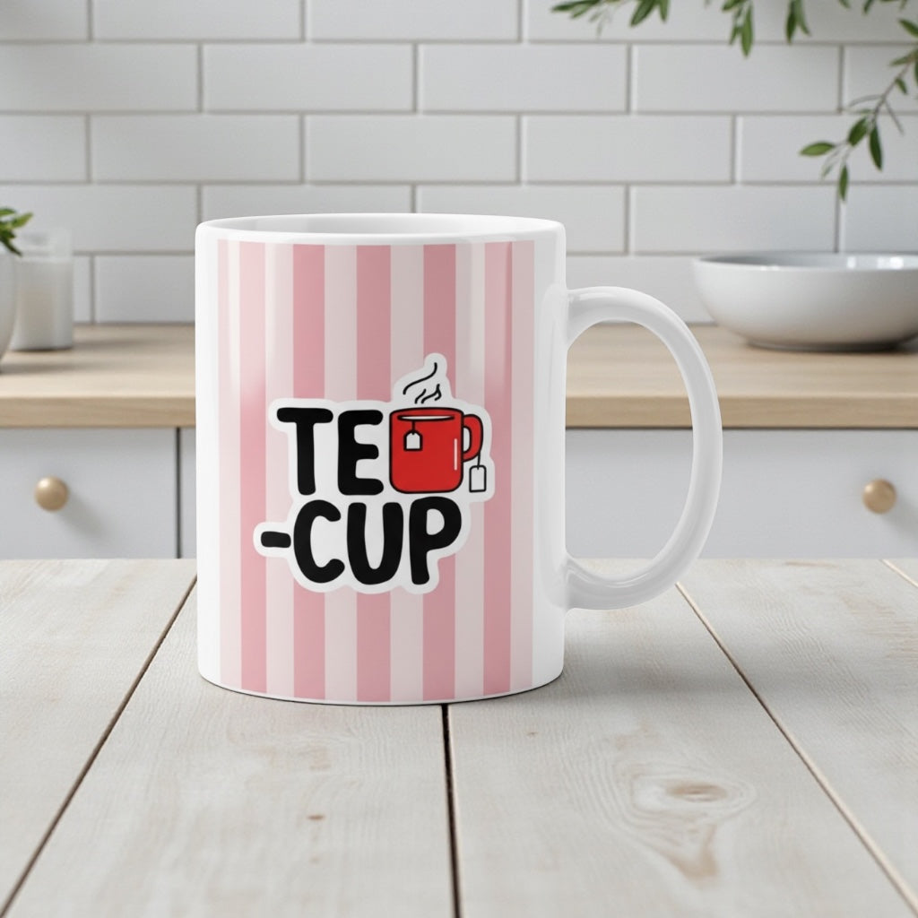 Pink Striped Mug with Teacup Design - 11oz White Ceramic