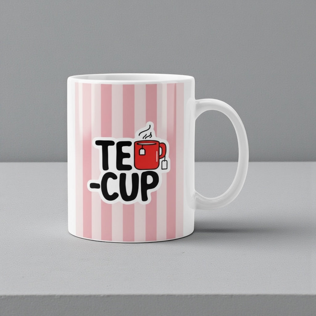 Pink Striped Mug with Teacup Design - 11oz White Ceramic