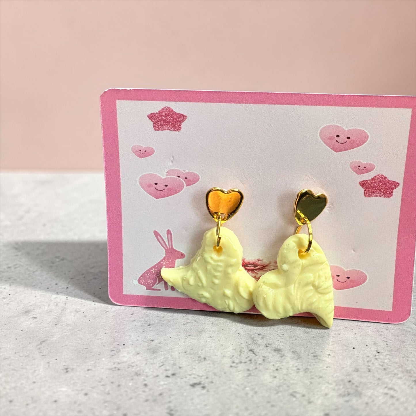 Handmade Yellow Clay Heart Earrings with Gold Fittings