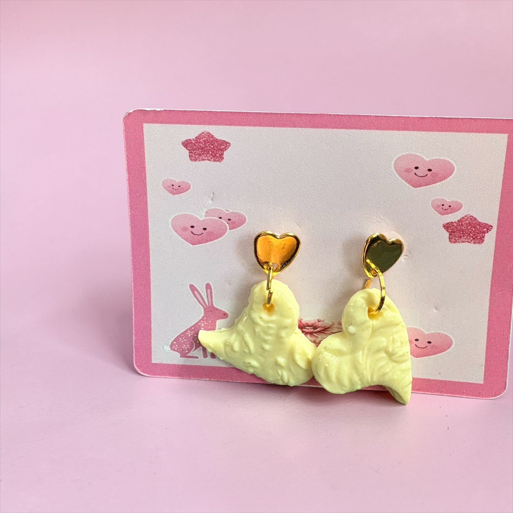Handmade Yellow Clay Heart Earrings with Gold Fittings