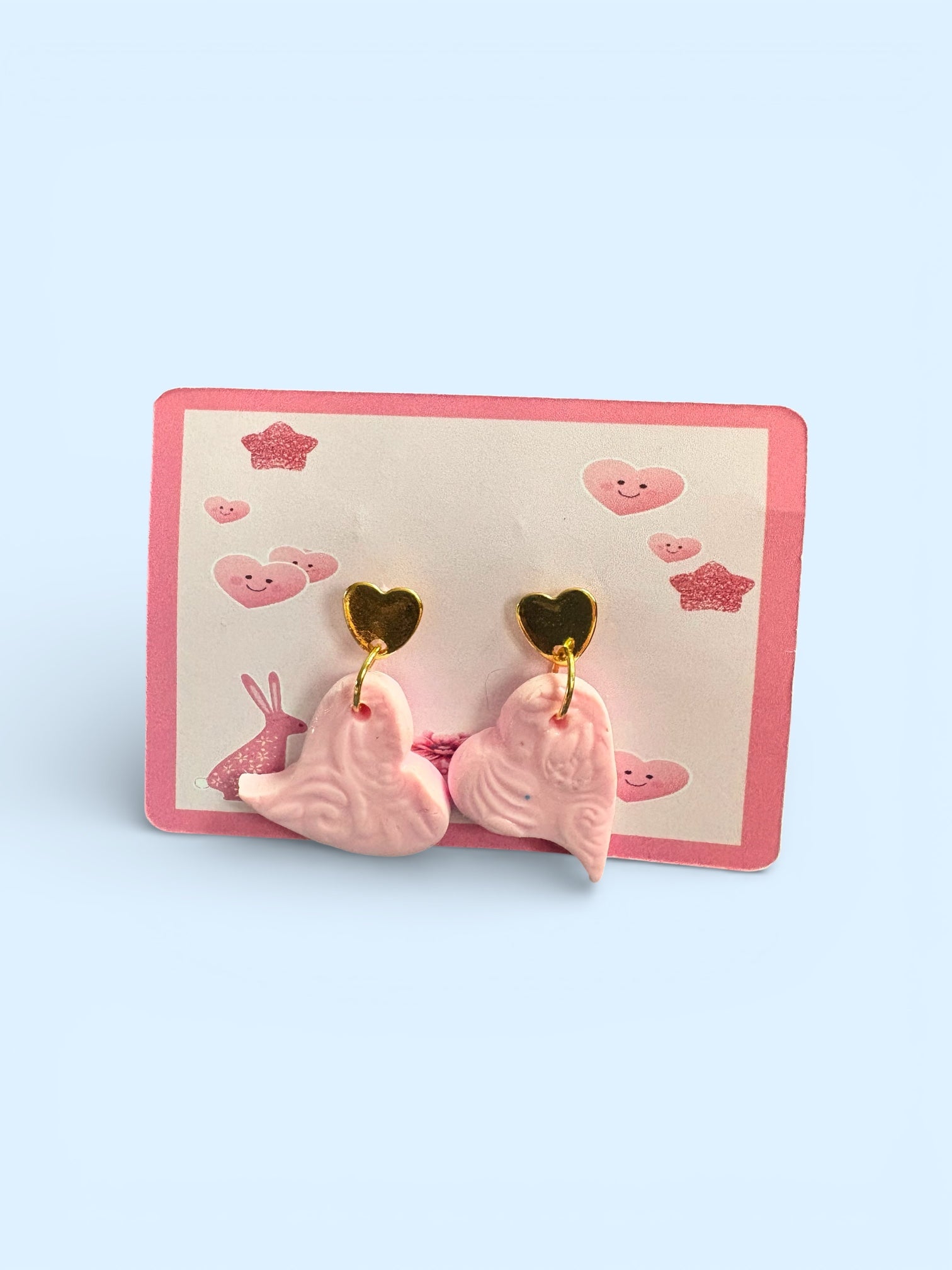 Handmade Pink Clay Heart Earrings with Gold Fittings