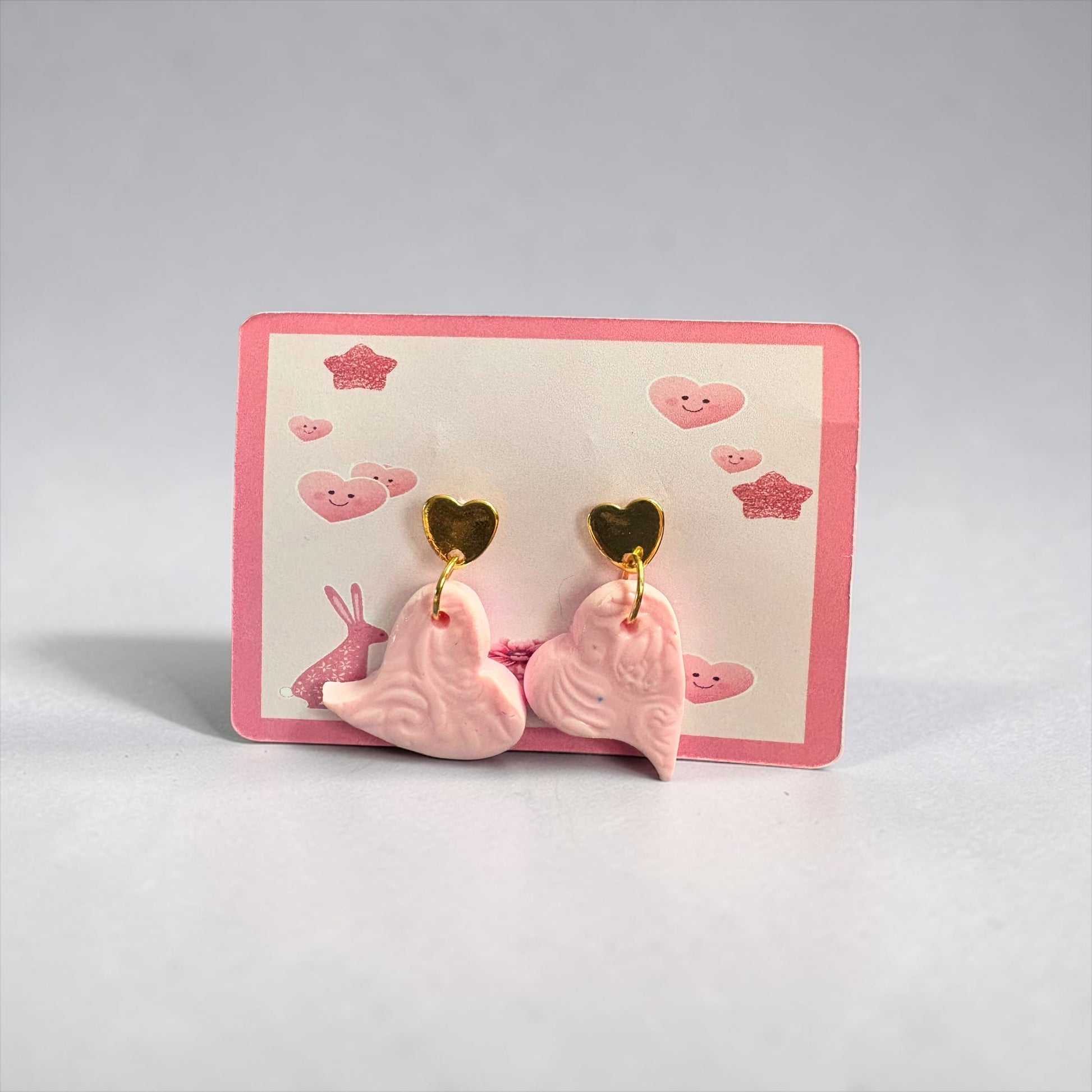 Handmade Pink Clay Heart Earrings with Gold Fittings