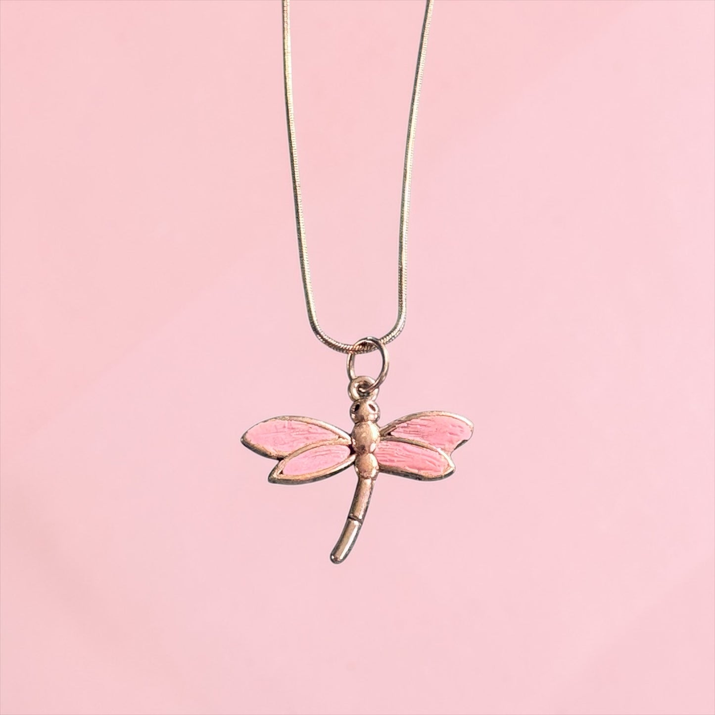Dragonfly Necklace with Pink Clay Wings and Silver Fittings
