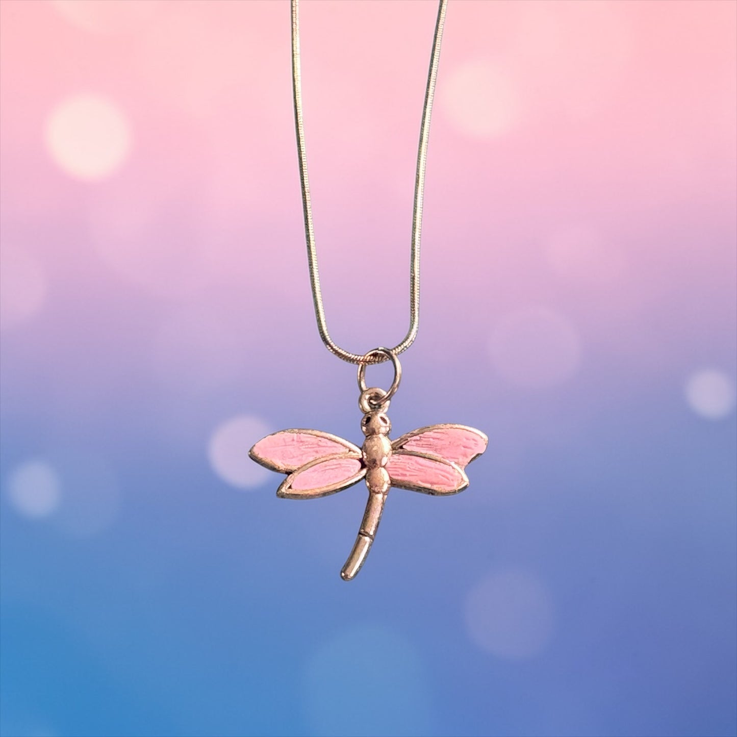 Dragonfly Necklace with Pink Clay Wings and Silver Fittings