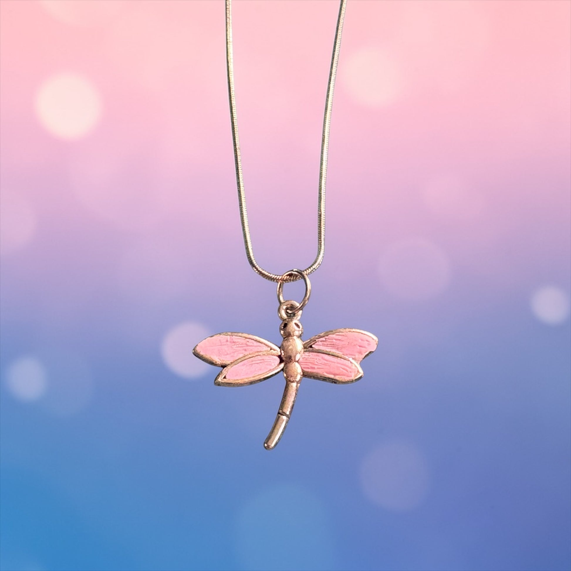 Dragonfly Necklace with Pink Clay Wings and Silver Fittings