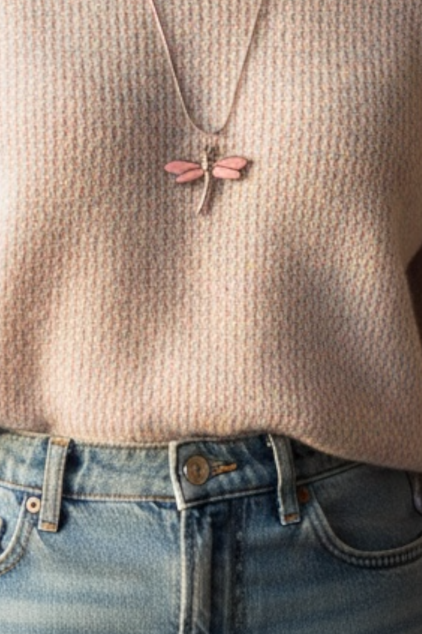 Dragonfly Necklace with Pink Clay Wings and Silver Fittings