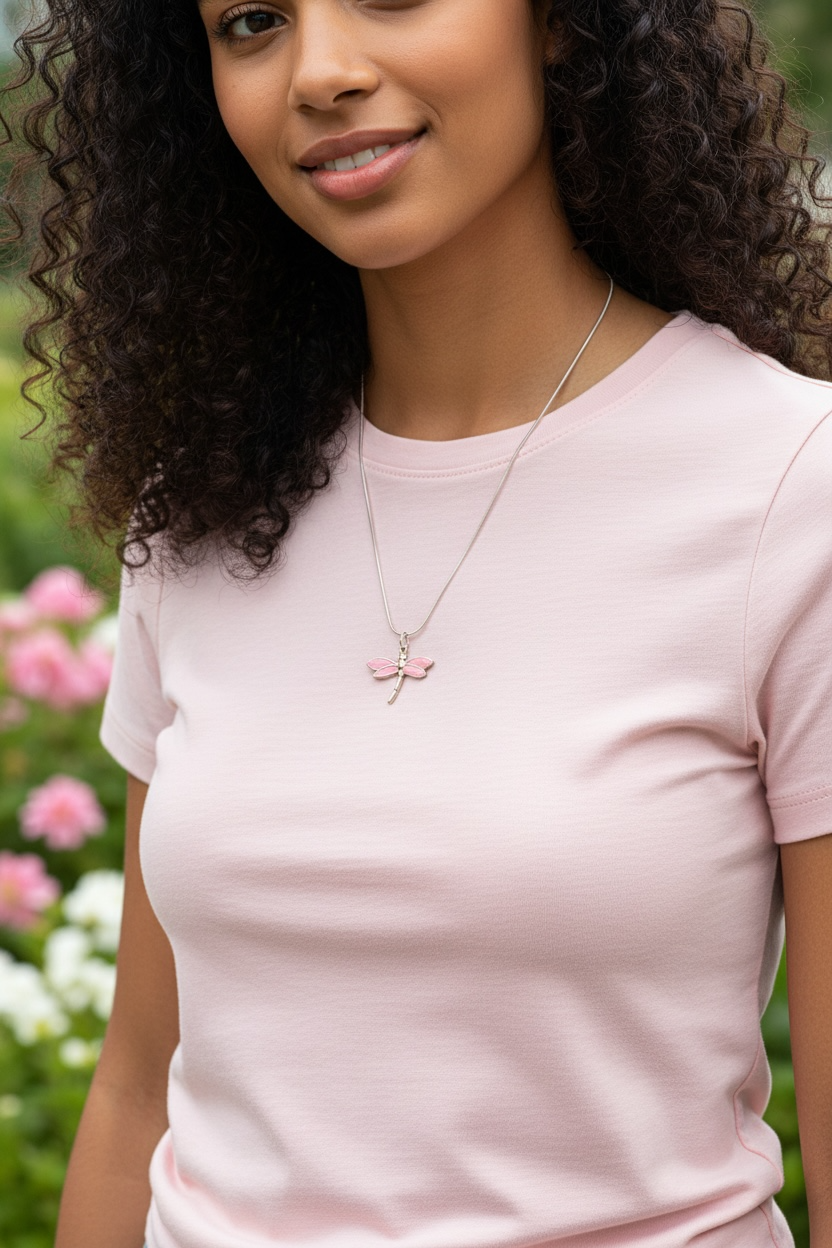 Dragonfly Necklace with Pink Clay Wings and Silver Fittings