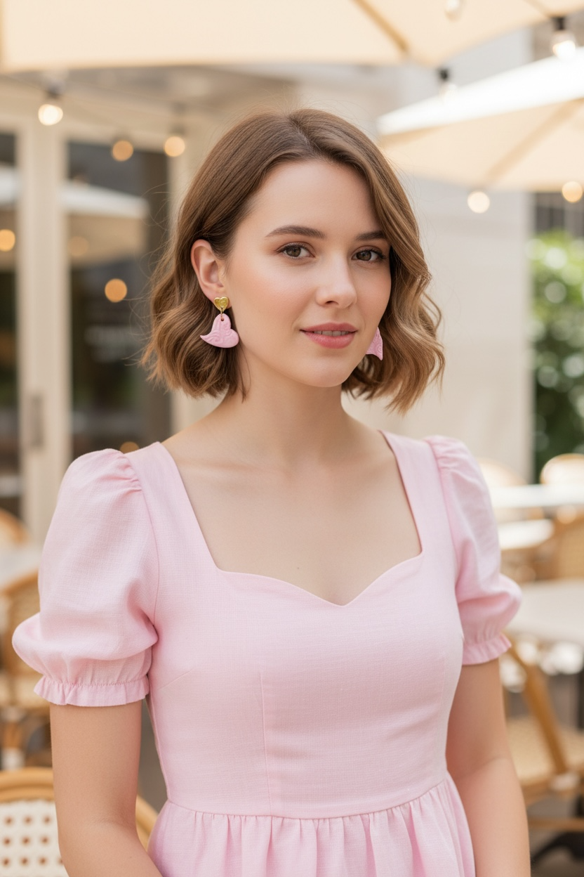 Handmade Pink Clay Heart Earrings with Gold Fittings