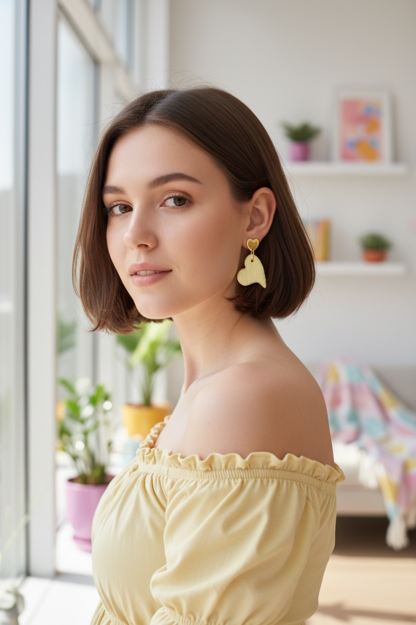 Handmade Yellow Clay Heart Earrings with Gold Fittings