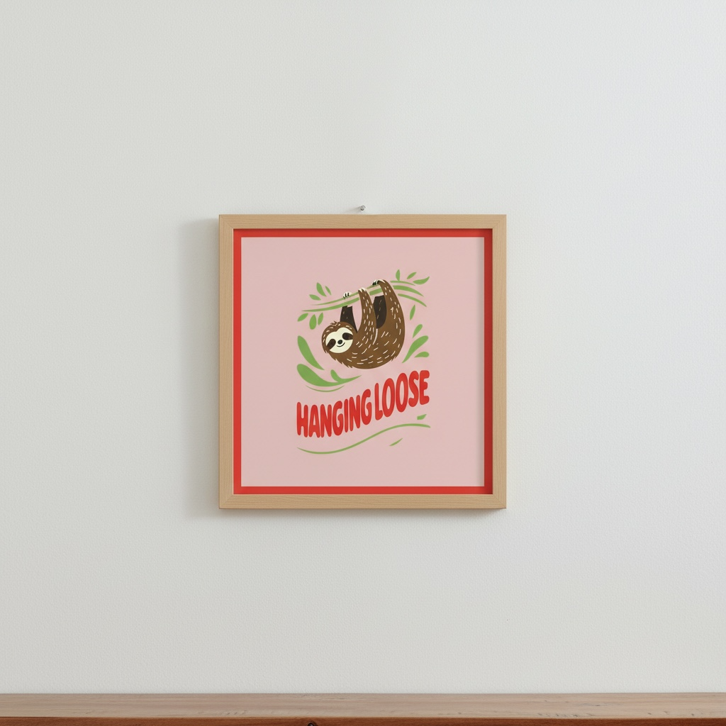 Hanging Loose Sloth Print - Pink Funny Wall Art 20x20cm