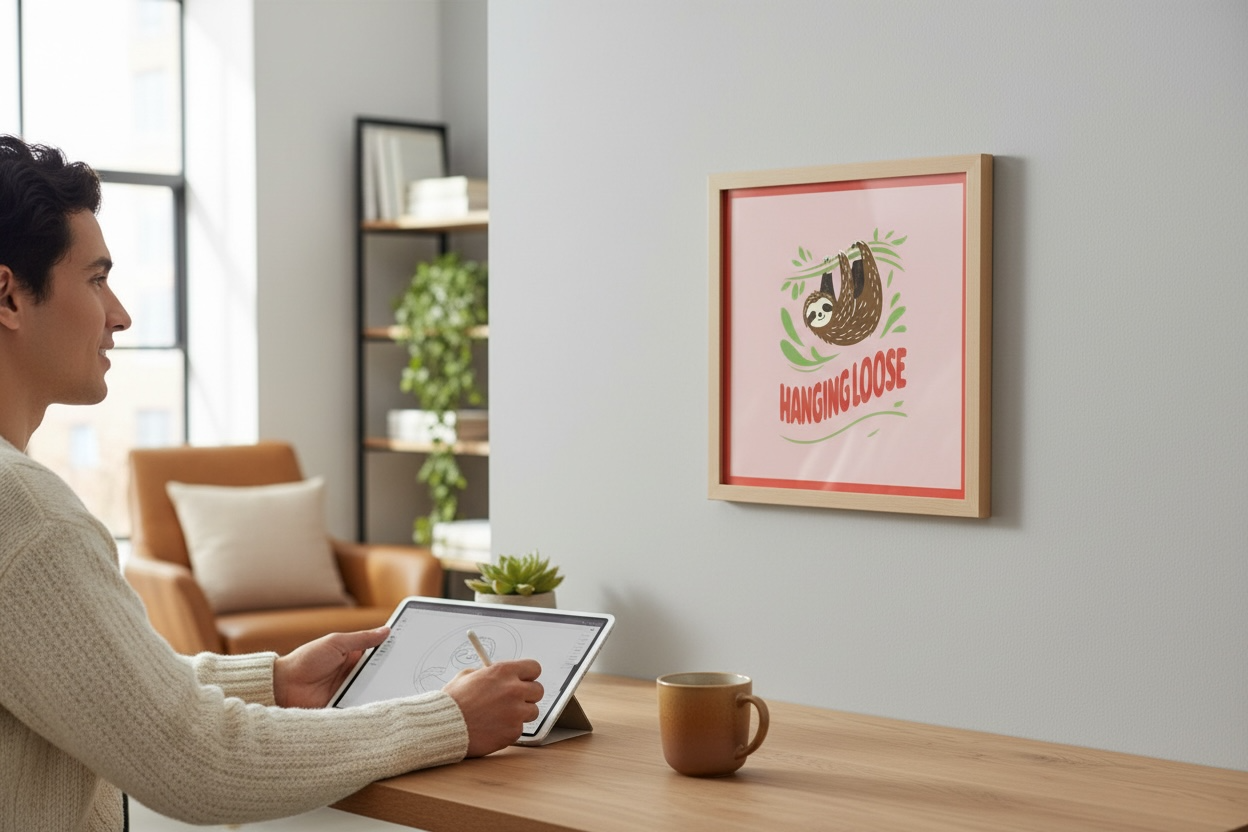 Hanging Loose Sloth Print - Pink Funny Wall Art 20x20cm