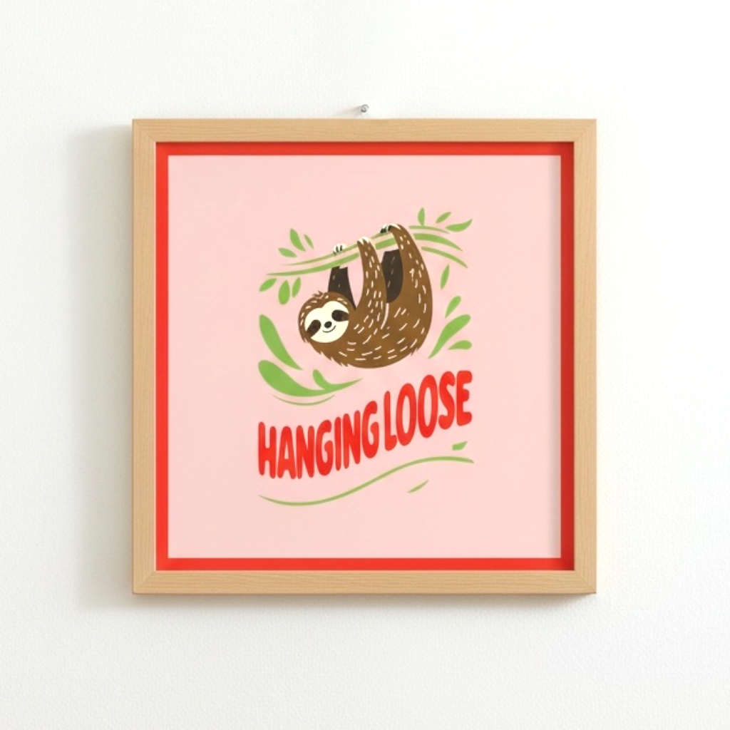 Hanging Loose Sloth Print - Pink Funny Wall Art 20x20cm